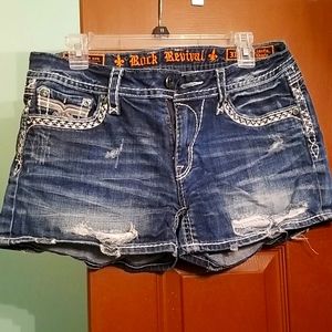Rock revival distressed denim shorts